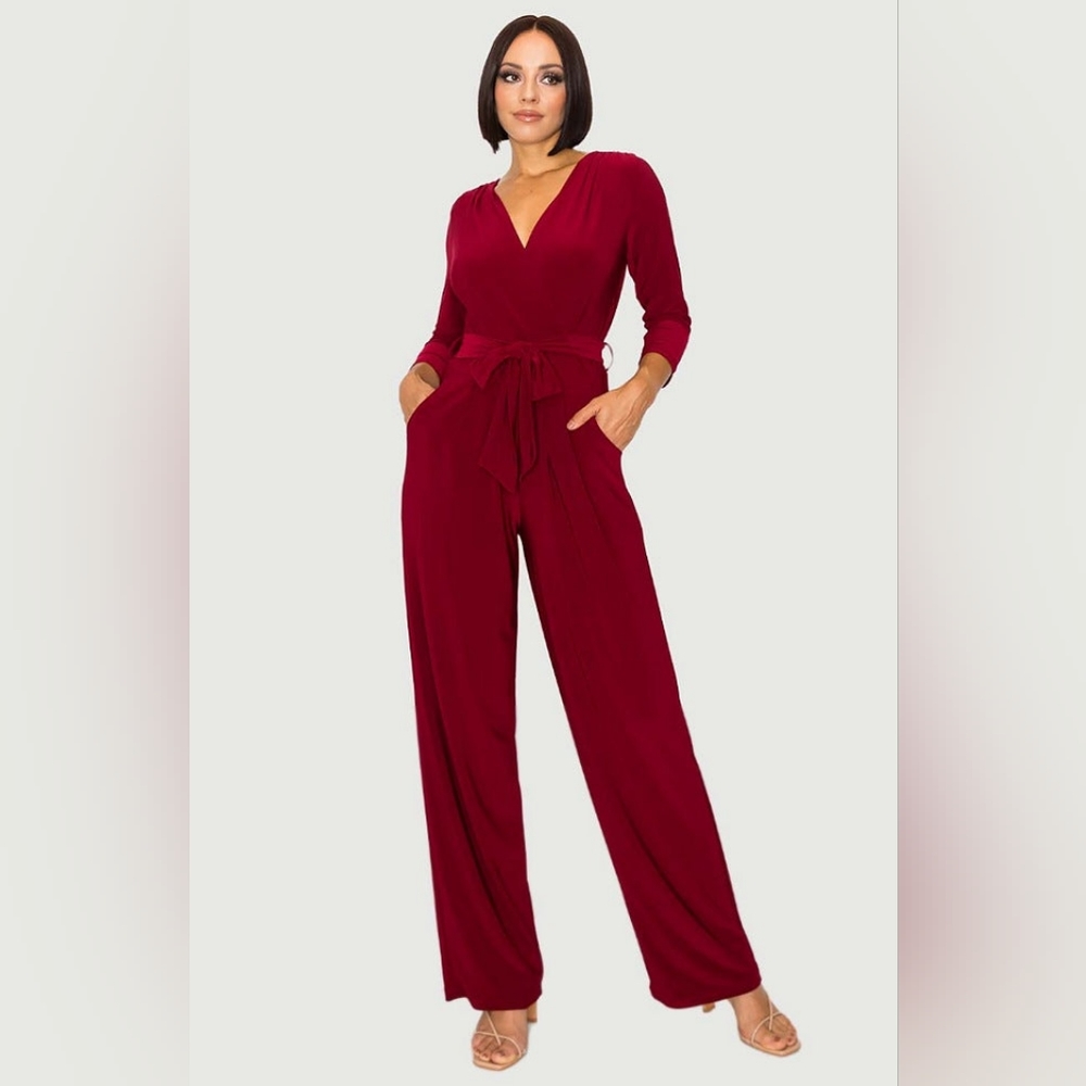 Sleeved Wrinkle Resistant Pant Suit Jumpsuit